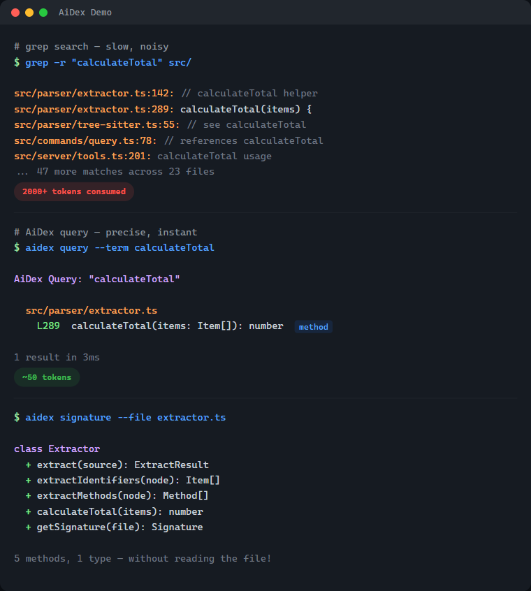 AiDex Demo - grep vs aidex