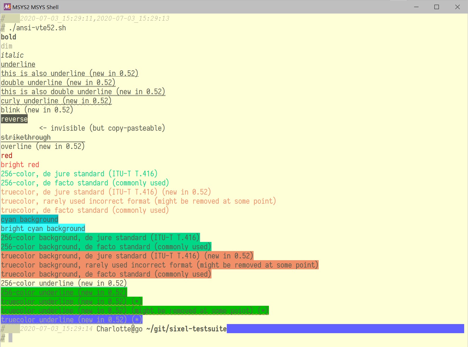 mintty displaying VTE52 font attributes