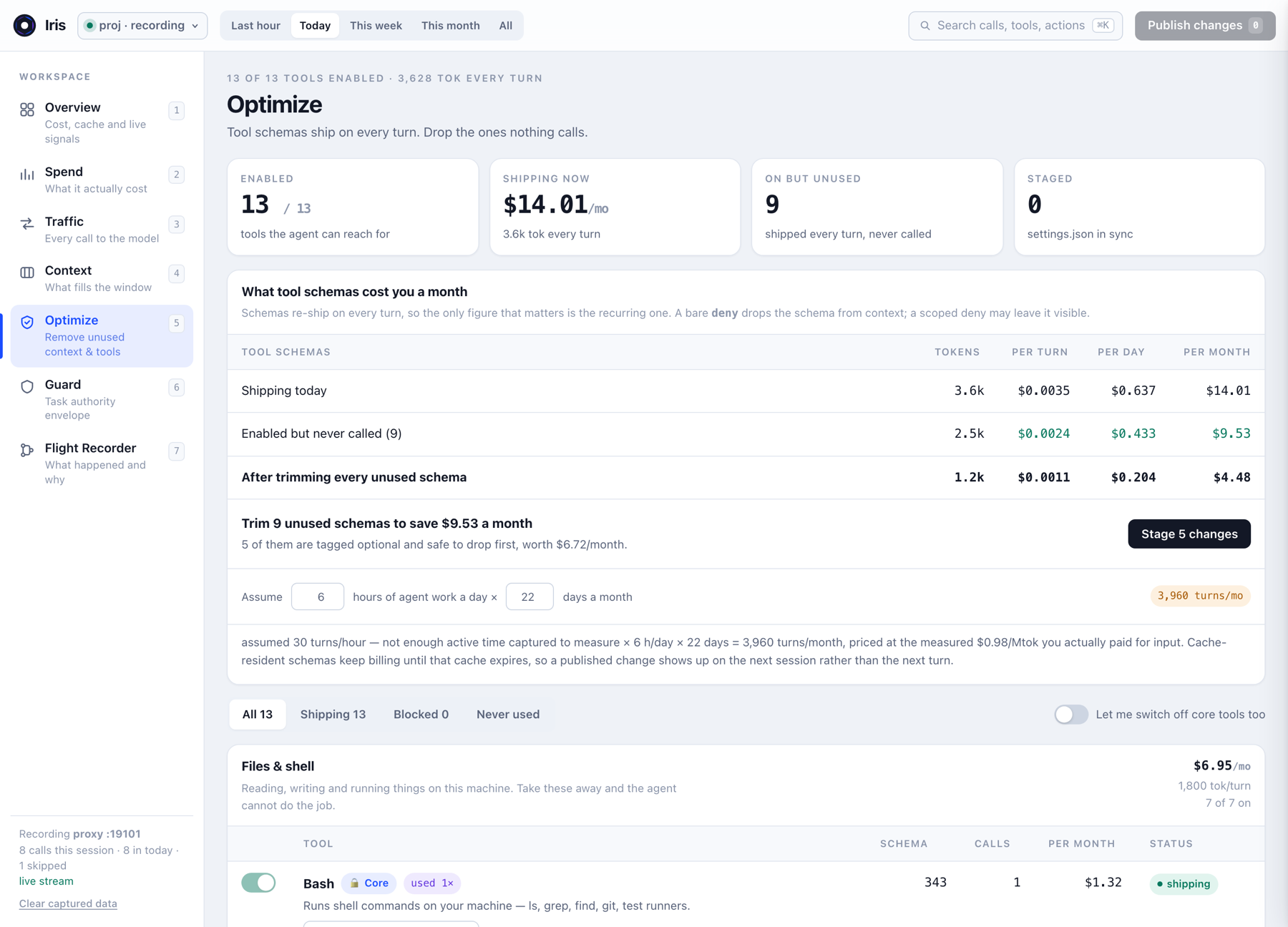 Optimize: tool inventory with token weight, call counts and projected savings