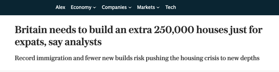 The Telegraph article title: 'Britain needs to build an extra 250,000 houses just for expats, say analysts'