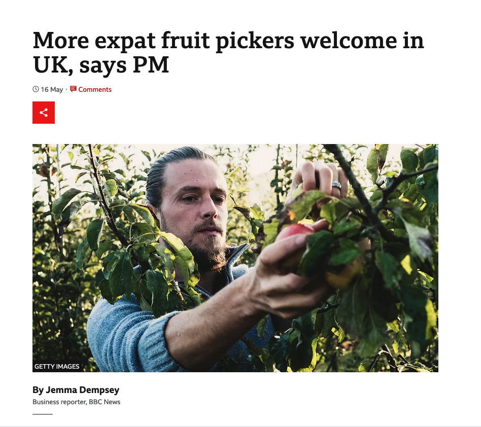 BBC article title: 'More expat fruit pickers welcome in UK, says PM'