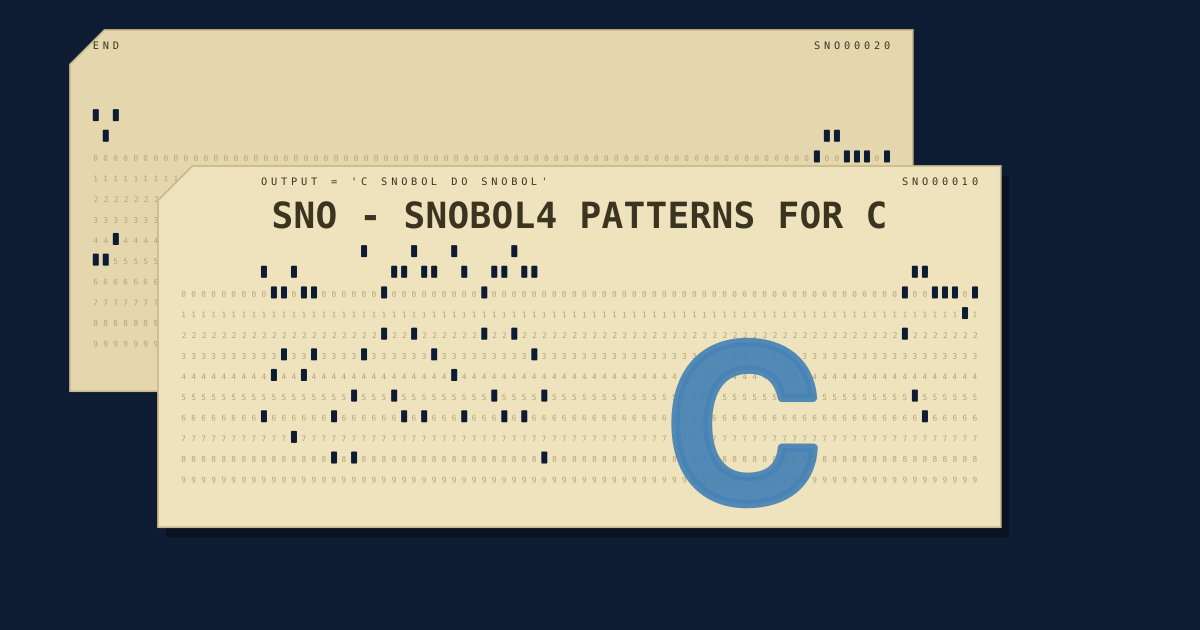 Two 80-column punched cards forming a SNOBOL4 program that prints C SNOBOL DO SNOBOL