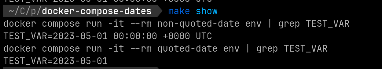 Running this repo's available make command showing different output from setting dates in a docker compose environment.