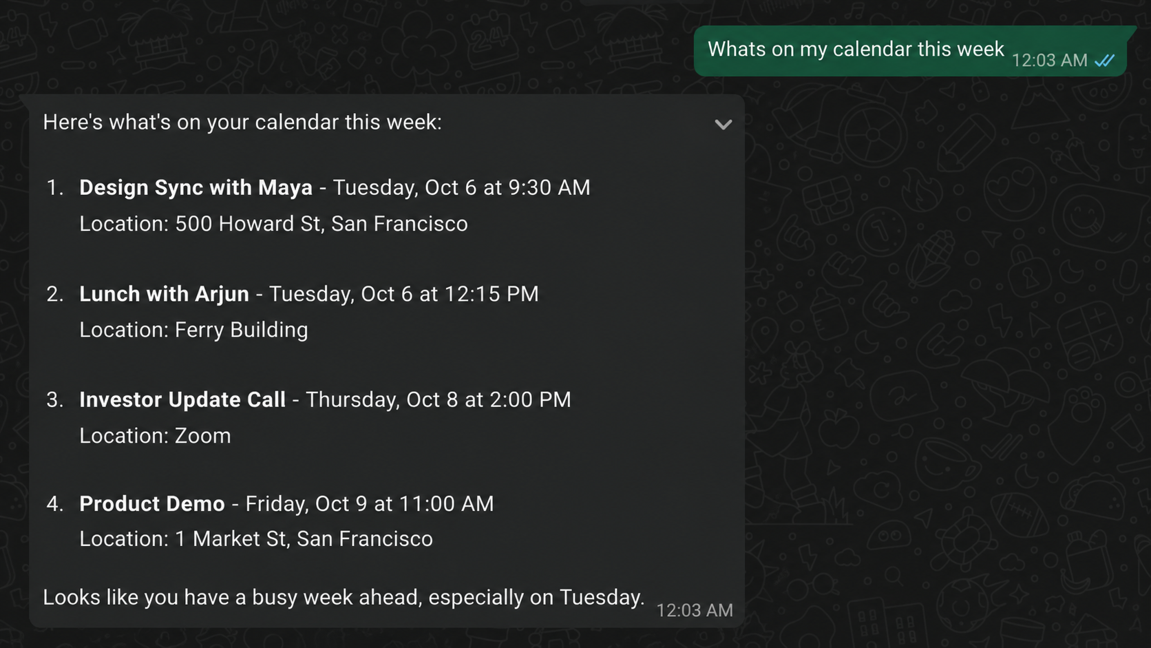 Wappy agent answering 'Whats on my calendar this week' on WhatsApp