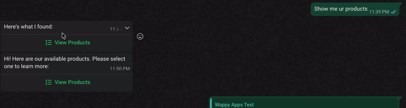 Wappy agent replying to 'Show me ur products' on WhatsApp