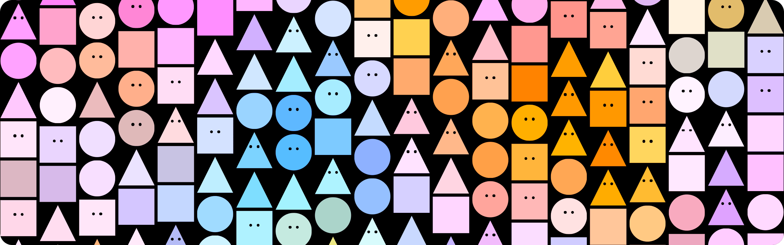 Rows of pastel circles, squares, and triangles with tiny eyes, drawn with css-doodle