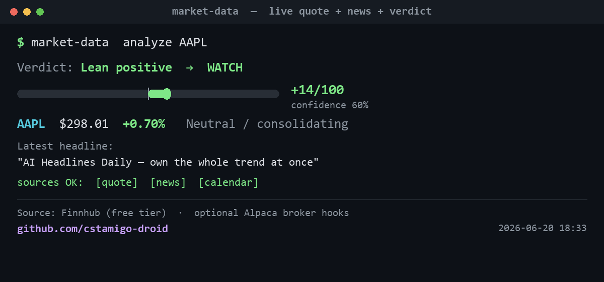 market-data-mcp - quote + verdict demo