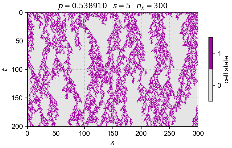 1d DP-class, simplified Domany-Kinzel evolution for p_c ~ p=0.53891, n_x=300, t=200