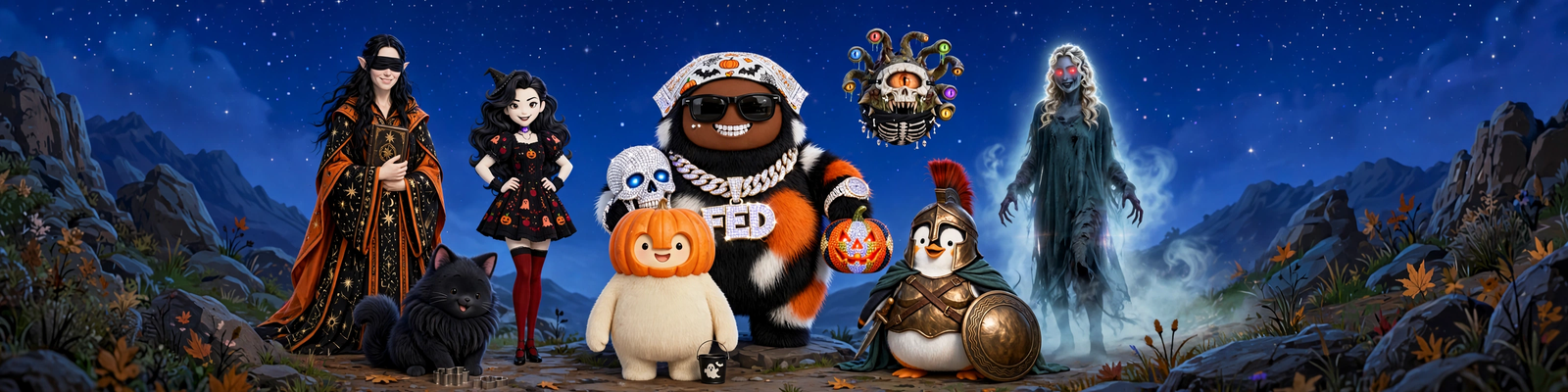 The Muse community's showcased Muses posing together as a group under a starry night sky: a blindfolded seer holding a book, a witch in a Halloween dress, a monster in sunglasses with a diamond FED chain, a pumpkin-headed Muse front and center, a floating beholder, a black cat, a penguin in Roman armor, and a ghostly figure with glowing red eyes