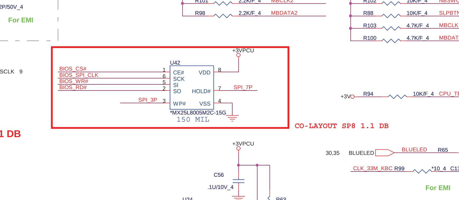 View of the BIOS chip for a similar laptop motherboard.