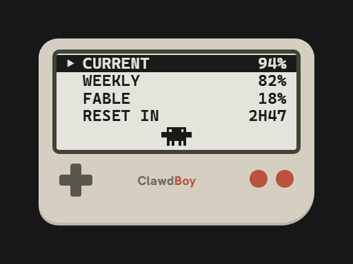ClawdBoy Menu skin: the same console, its screen a four-row pause-menu list with the active row inverted and clawd centered beneath