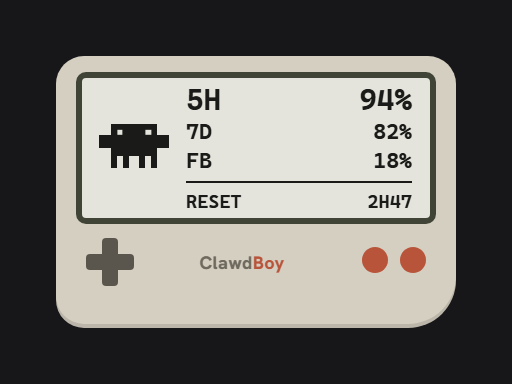 ClawdBoy Table skin: a handheld console whose screen shows clawd on the left and a four-row key/value table on the right, with the reset time below a rule