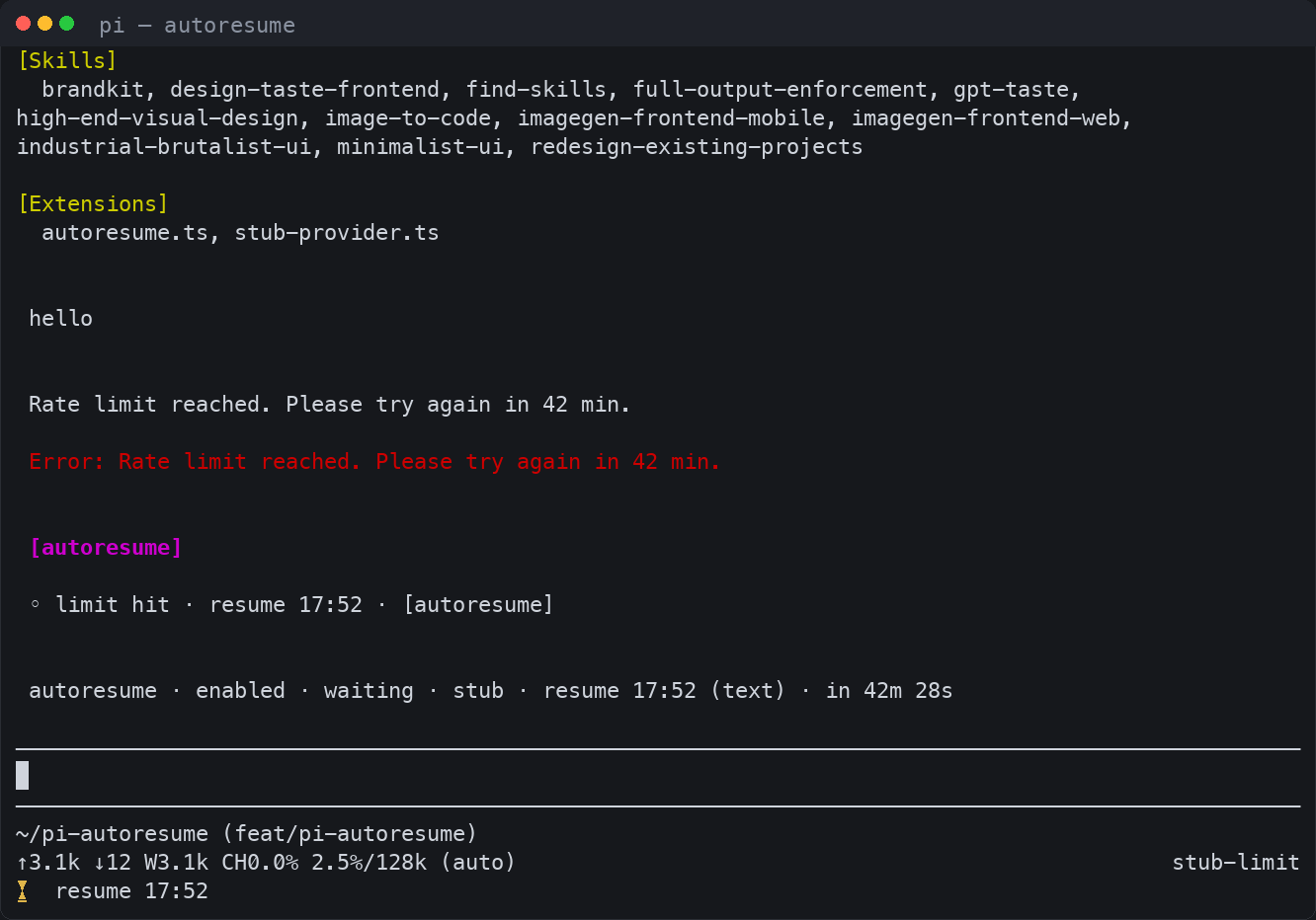 pi TUI showing /autoresume status reporting "enabled · waiting" with the provider, reset time, and remaining time above the footer countdown