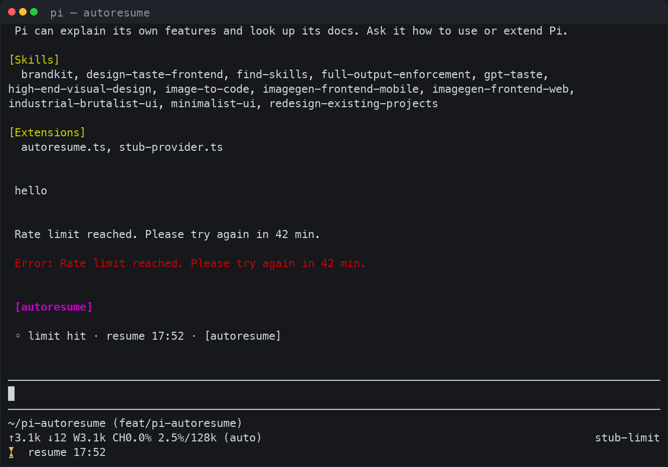 pi TUI showing a rate-limit error, the autoresume waiting notice, and the ⏳ resume footer countdown