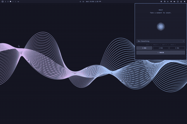 Kalm session setup, full-screen mode, and live Omarchy theme changes