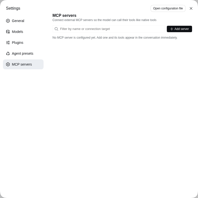 The MCP servers page on first use: the filter box and Add server button above an empty list