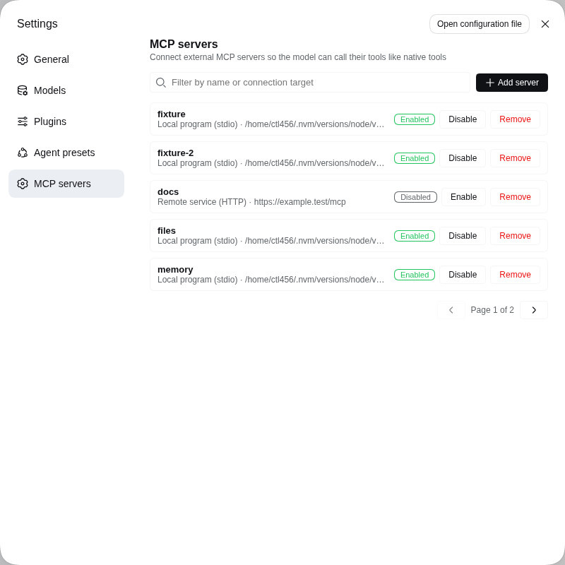 The page after adding a filesystem server: the row shows its stdio target with Disable and Remove controls