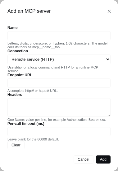 The add dialog with Remote service (HTTP) selected, showing the Endpoint URL and Headers fields