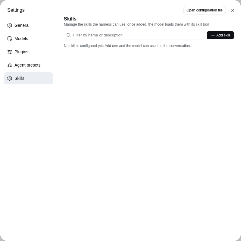 The Skills page on first use: the filter box and Add skill button above an empty list