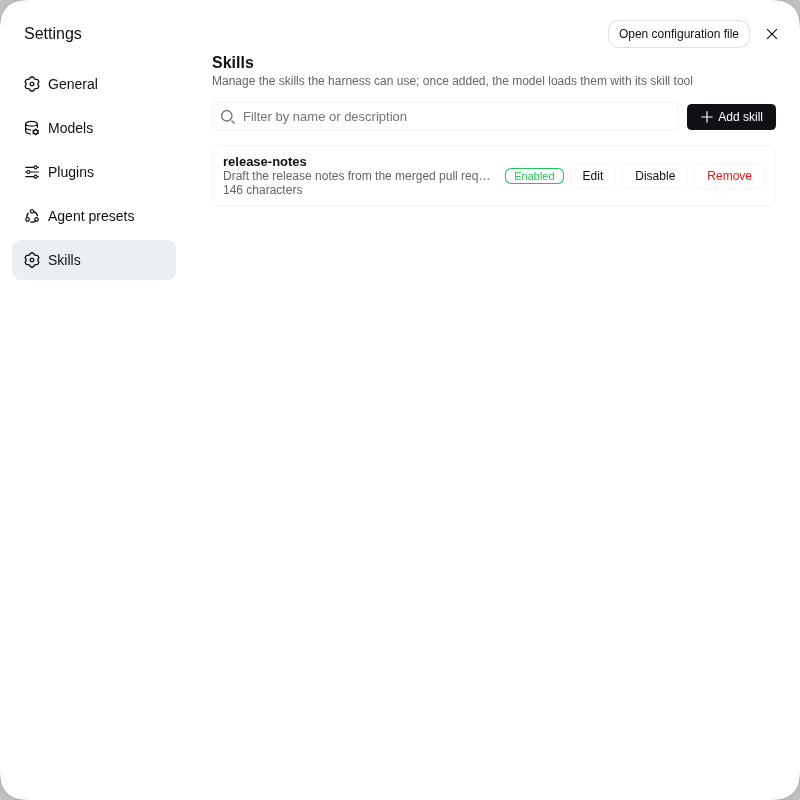 The page after adding a skill: the row shows its description, size and controls