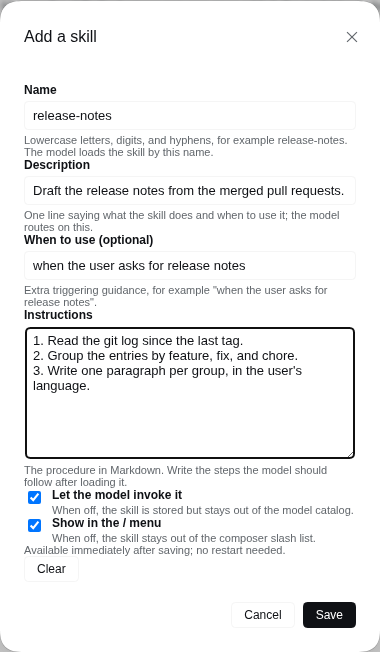 The add dialog with the name, description, when-to-use, instructions and the two invocation switches