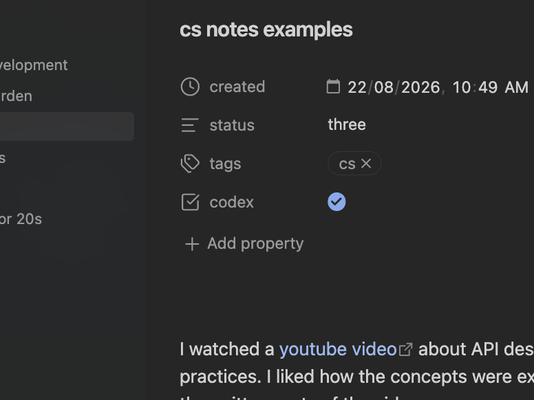 The codex property enabled on an Obsidian note