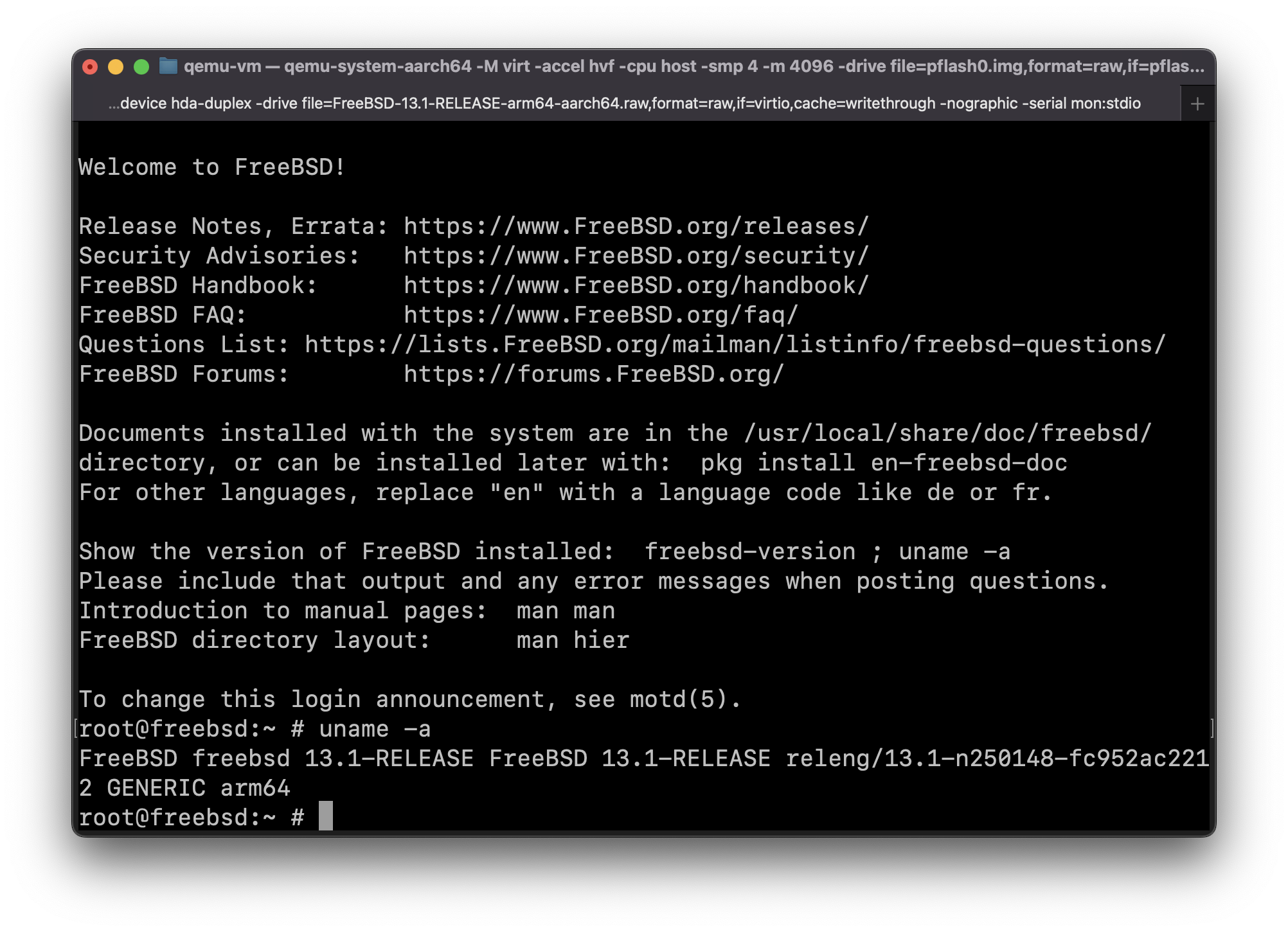 A screenshot of FreeBSD 13.1-RELEASE for ARM64 console in QEMU on Apple Silicon Mac, showing the output of uname -a