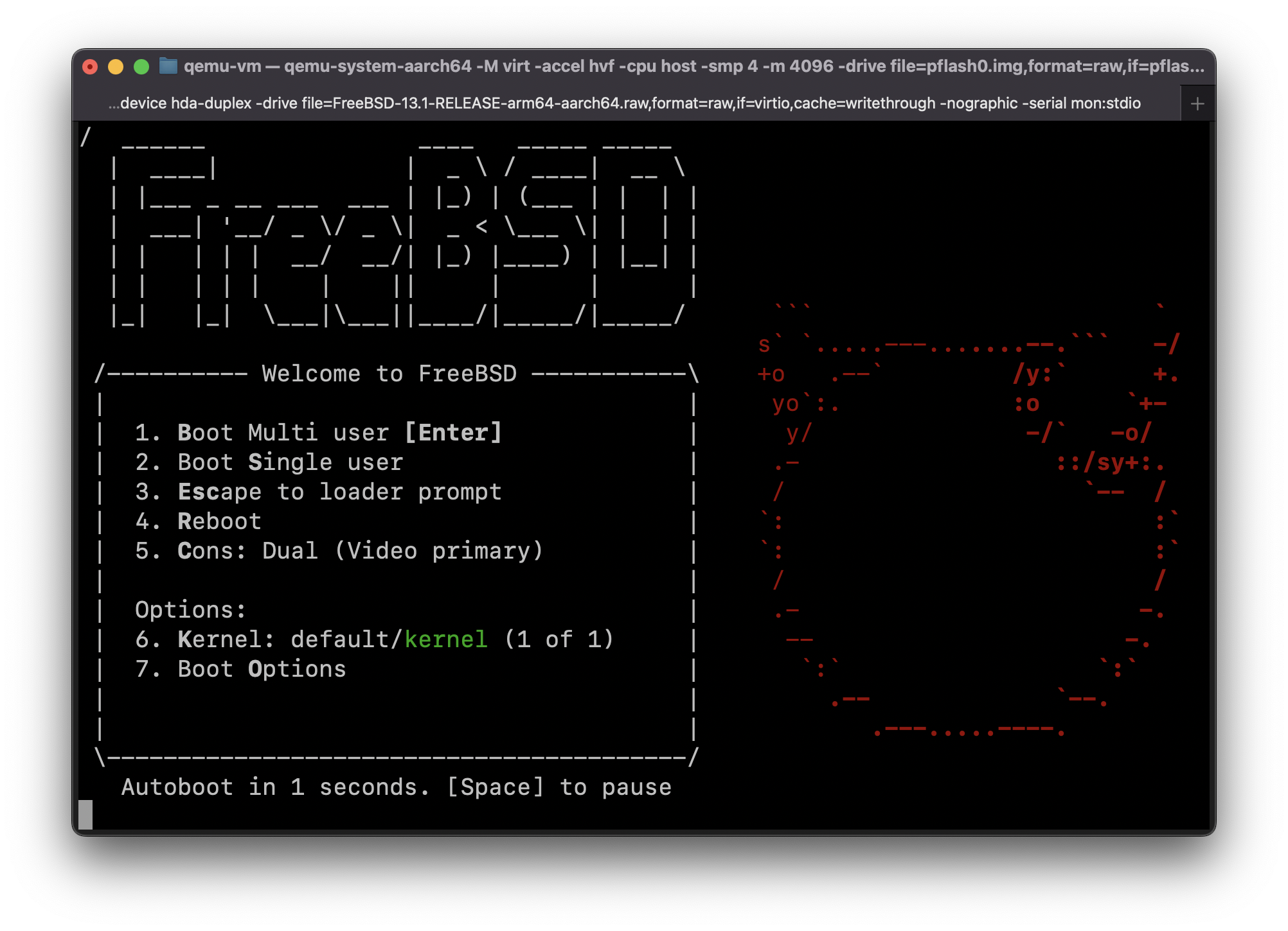 FreeBSD 13.1-RELEASE for ARM64 boot in QEMU on Apple Silicon Mac screenshot
