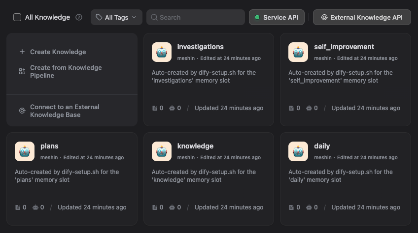 Dify Knowledge UI showing project memory knowledge bases