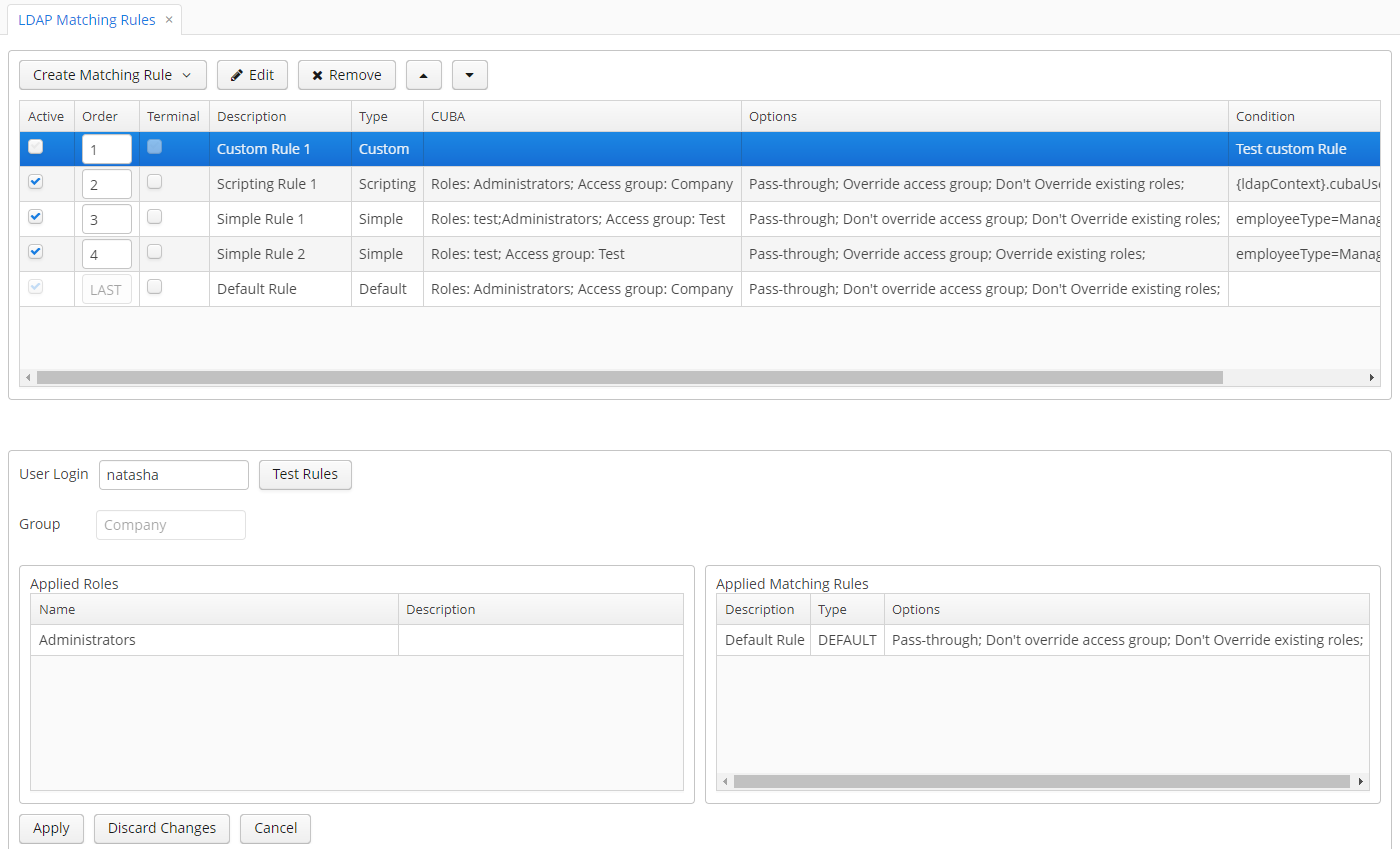 LDAP Matching Rules Screen