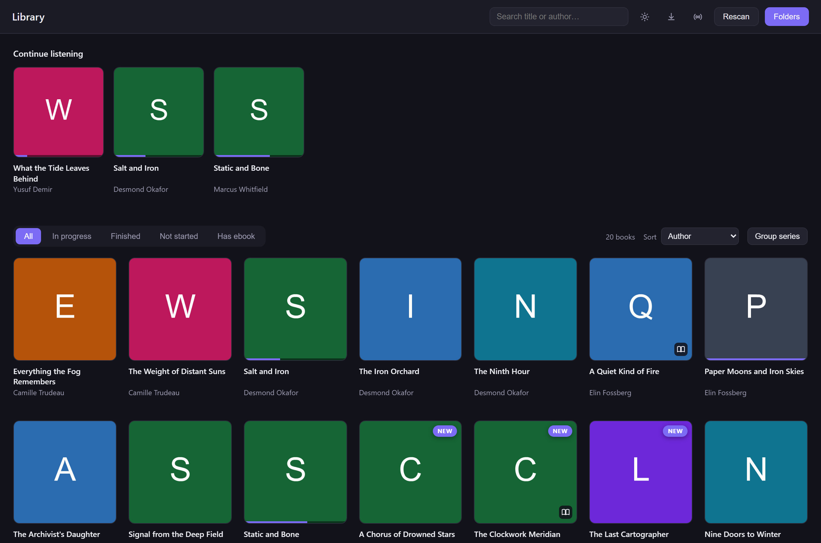 Library view, with a Continue listening shelf, filters, and series grouping