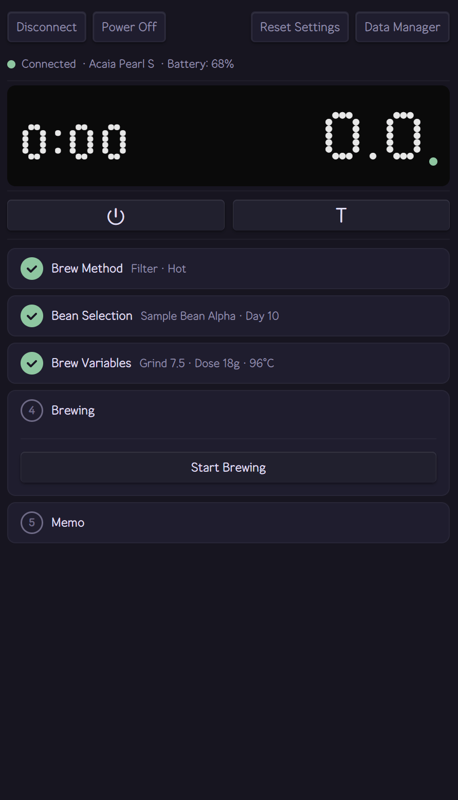 Real-time BLE brewing session with live weight chart