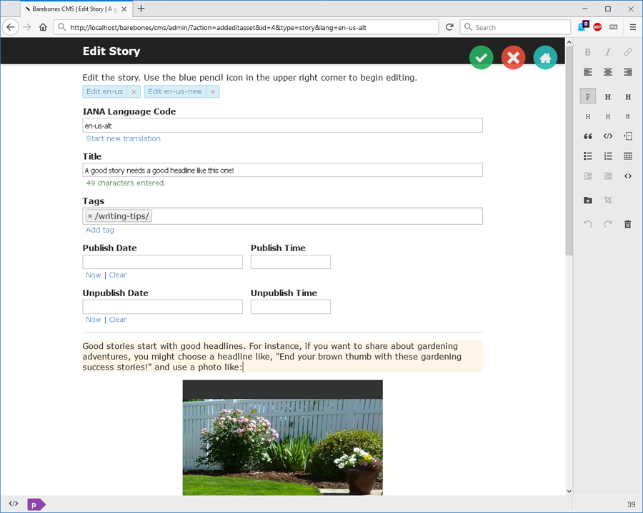 Screenshot of the Barebones CMS administrative interface