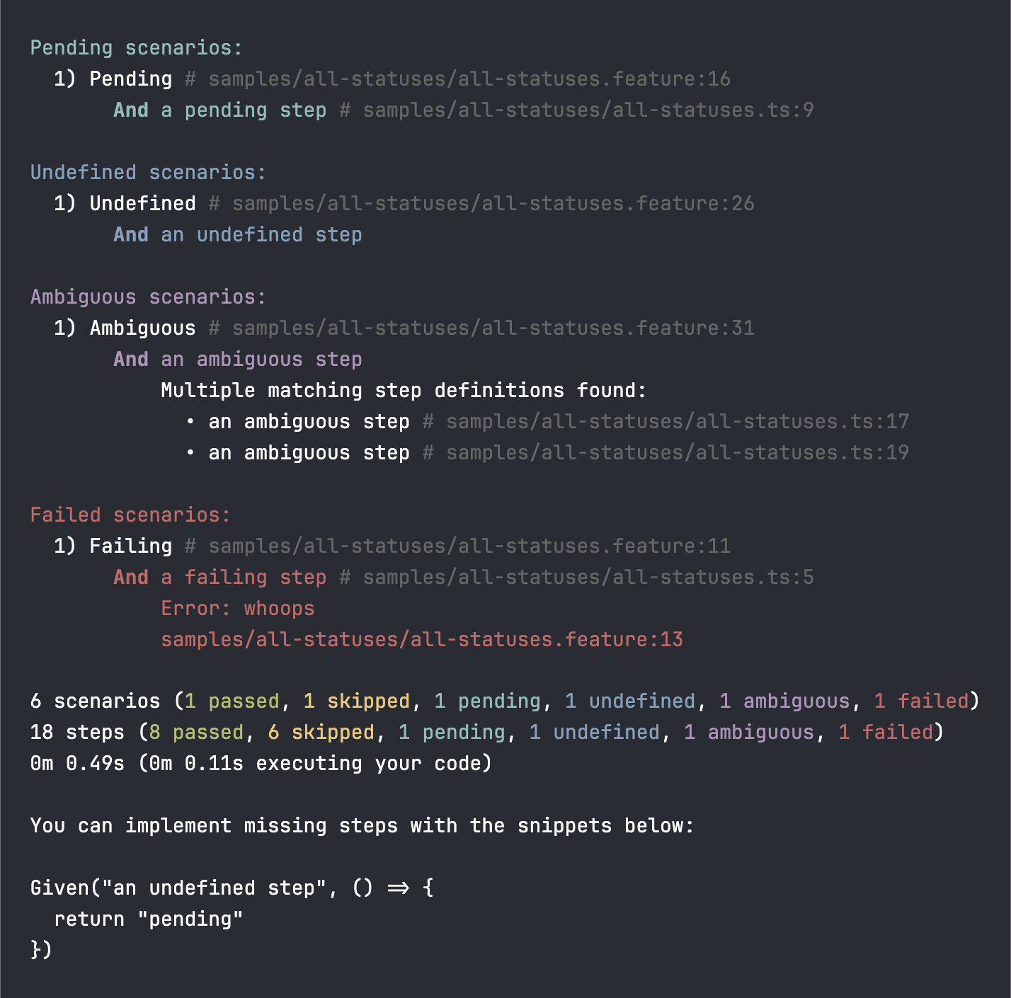 Example output of the summary formatting, showing the different colors used
