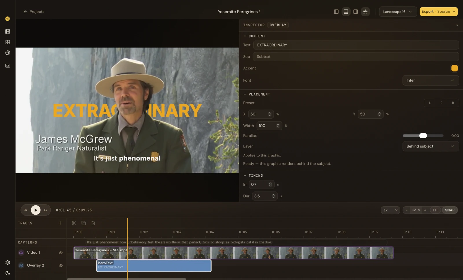 The same Yosemite project open in CueFrame Studio, with EXTRAORDINARY selected as an editable title layer