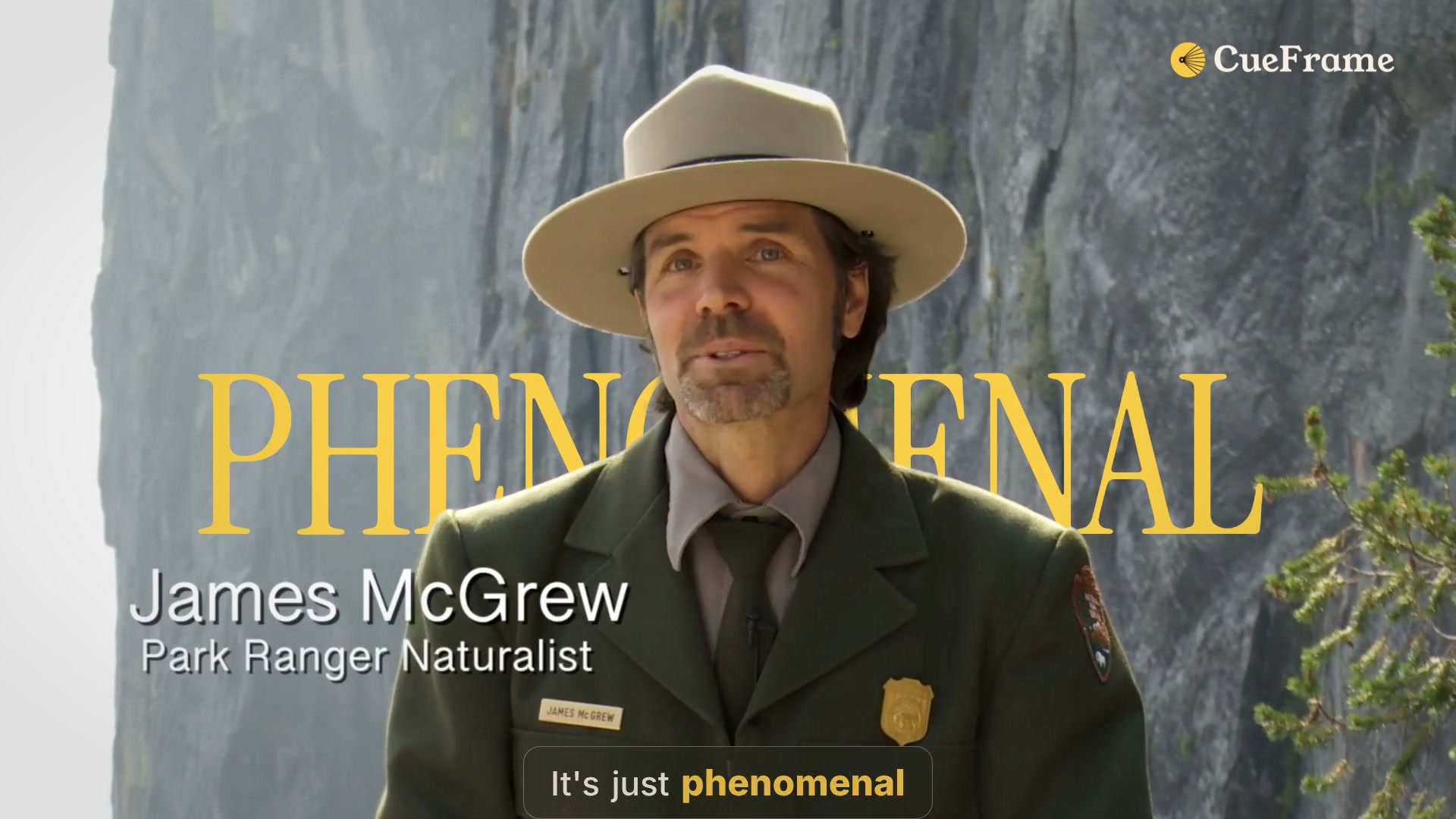 A real CueFrame render: PHENOMENAL behind a Yosemite ranger, with word-timed captions