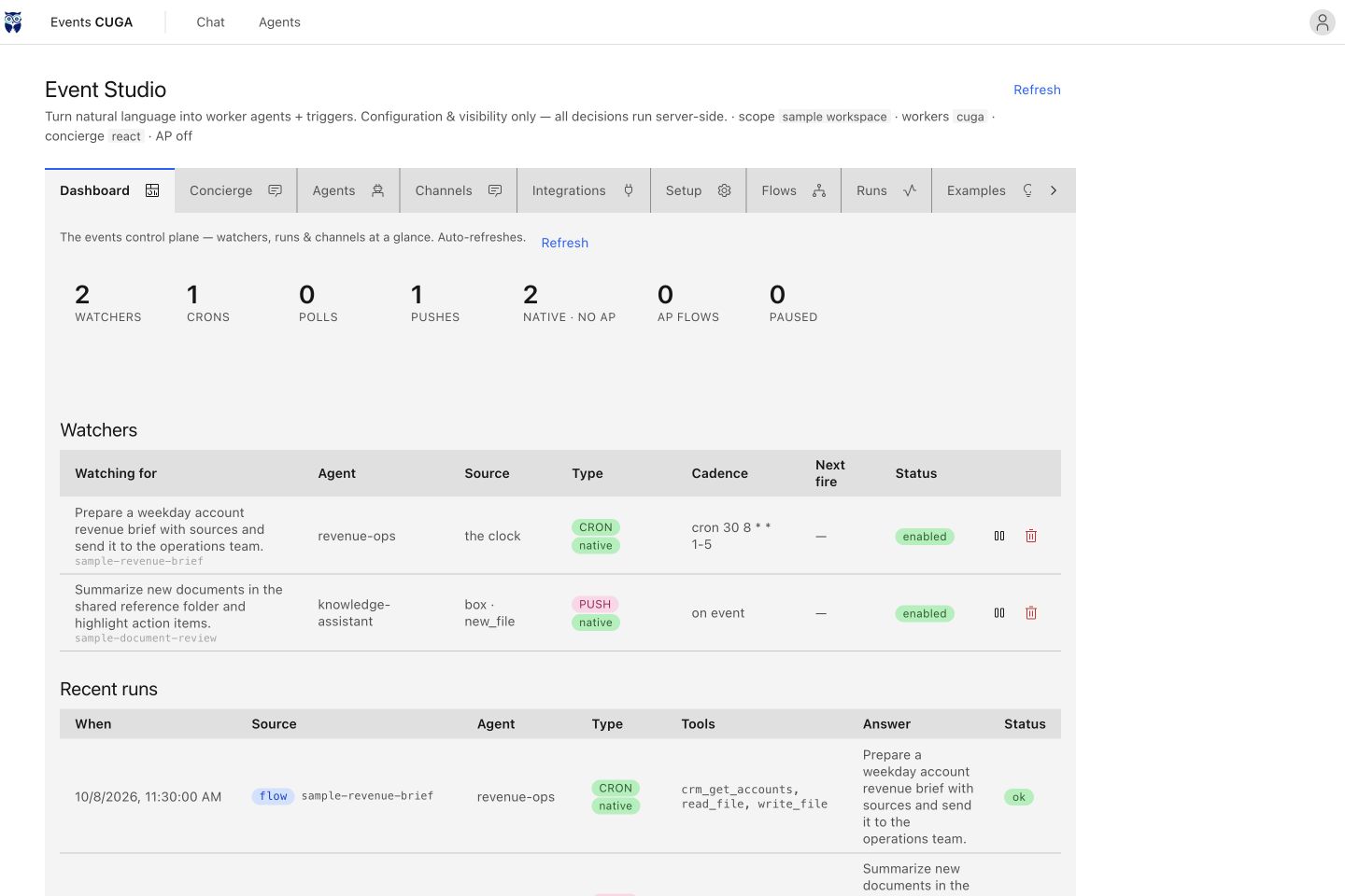 Current Events Studio showing sample scheduled and document-triggered workflows with illustrative run history