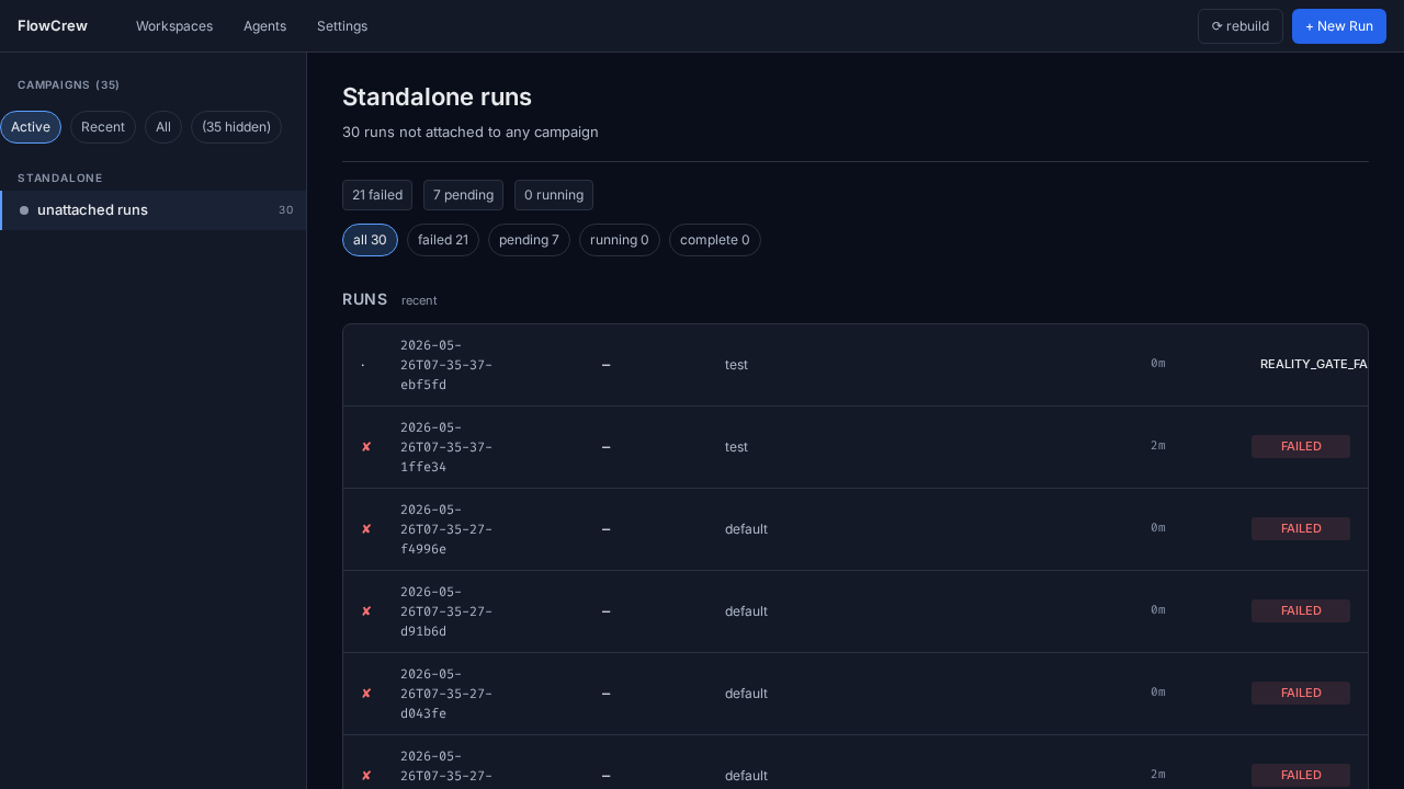 FlowCrew dashboard showing workspaces, campaign progress, run status, and knowledge graph panels