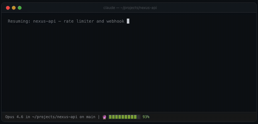 Remembrall in action — context drains, handoff fires, fresh start
