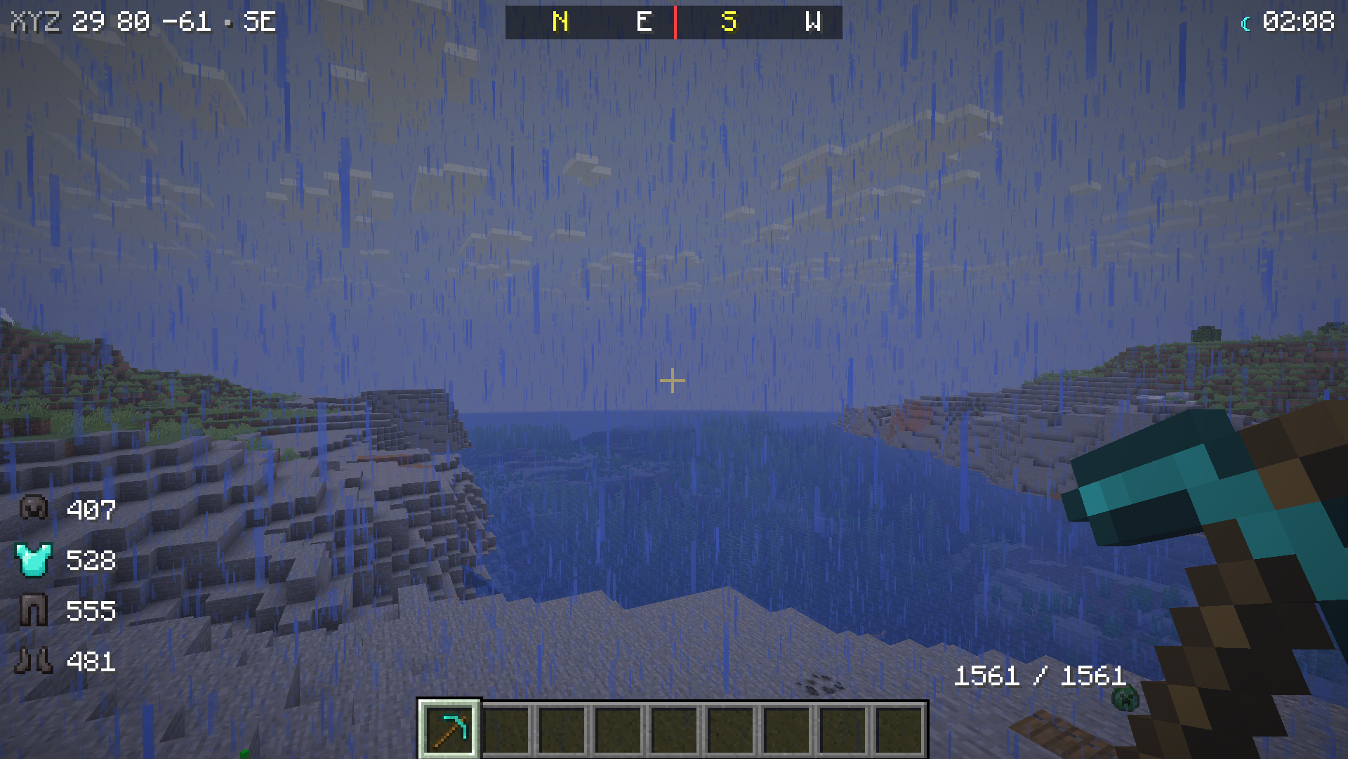 In-game HUD showing armor status, ping, and world information