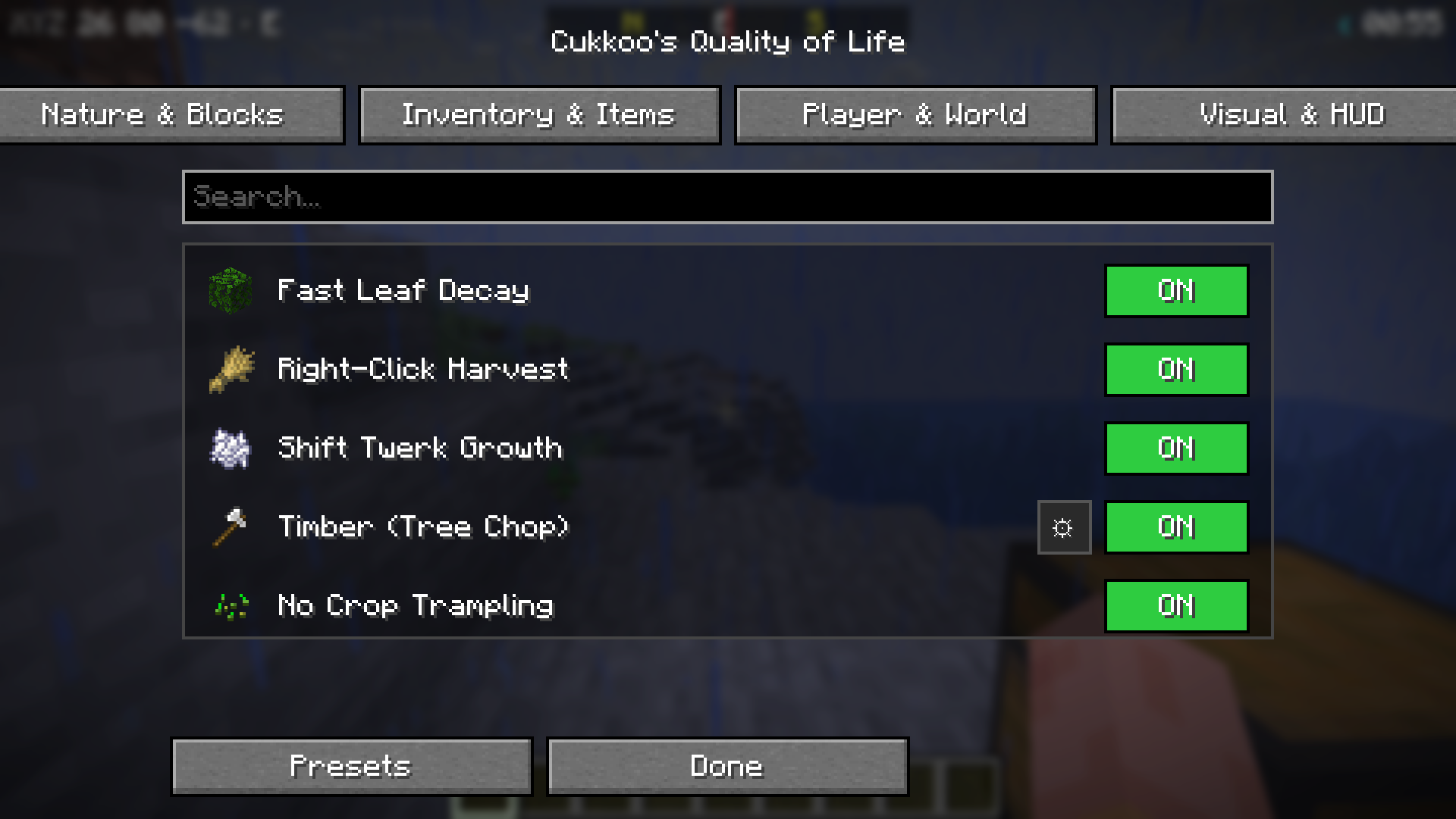 Main Menu showing nature and environment settings