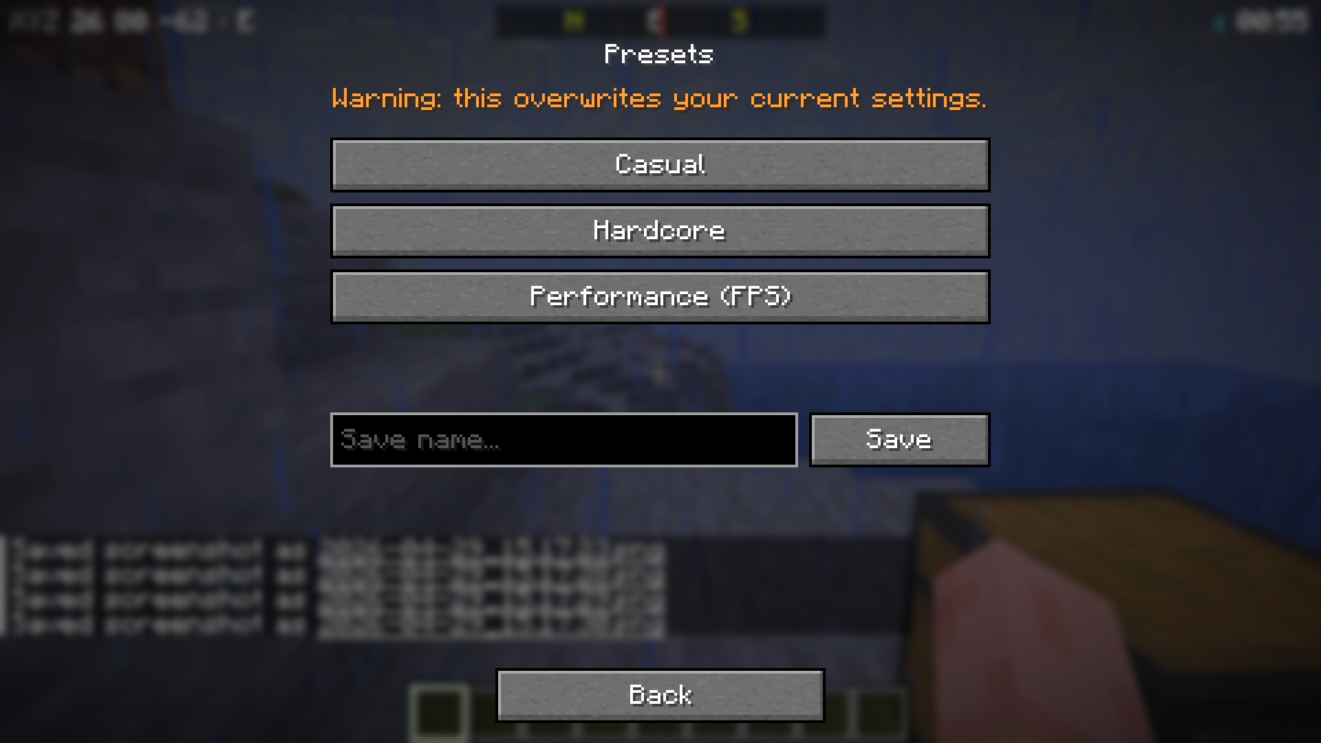 Built-in difficulty and performance presets menu