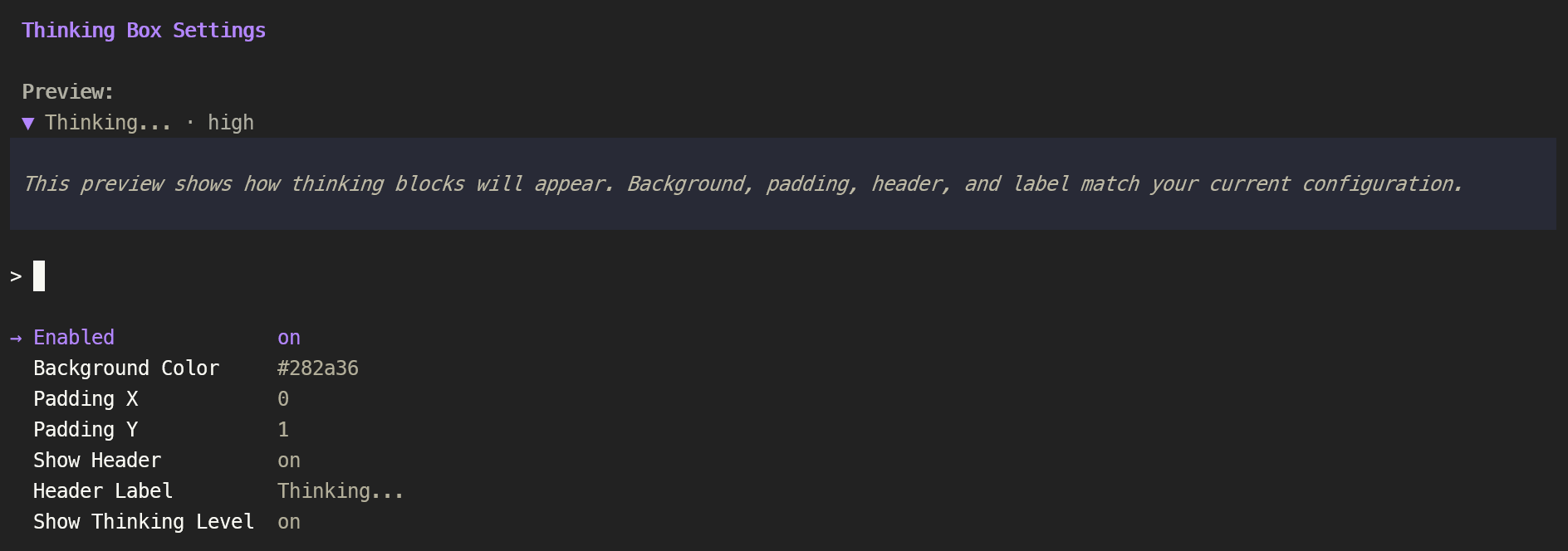 Settings menu with live preview of styled thinking box