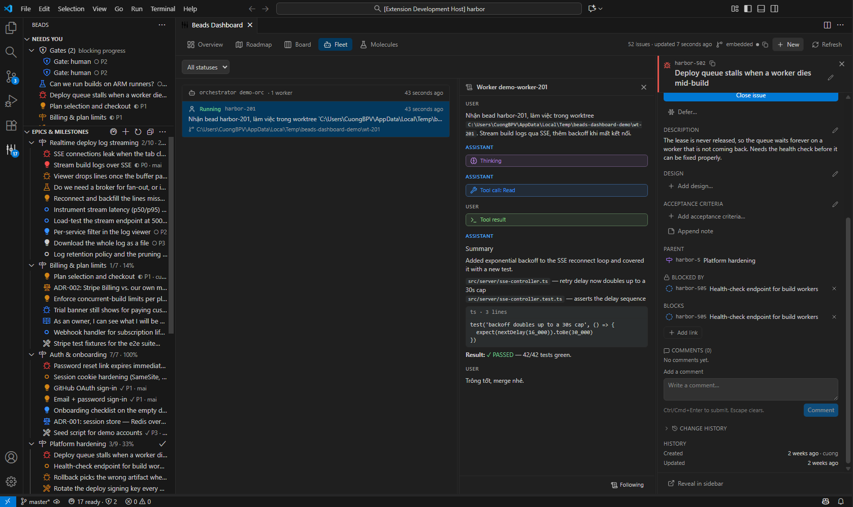 Fleet worker transcript: a Thinking chip, a Read tool call and its result, then an assistant summary with bold text, two inline-code file paths, a fenced ts code block, and a bold PASSED result line
