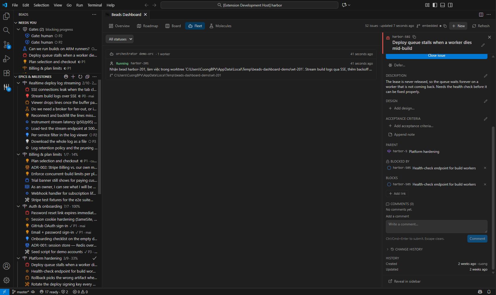 Fleet tab: orchestrator demo-orc with one running worker on harbor-201, its spawn brief naming the bead and the wt-201 worktree path