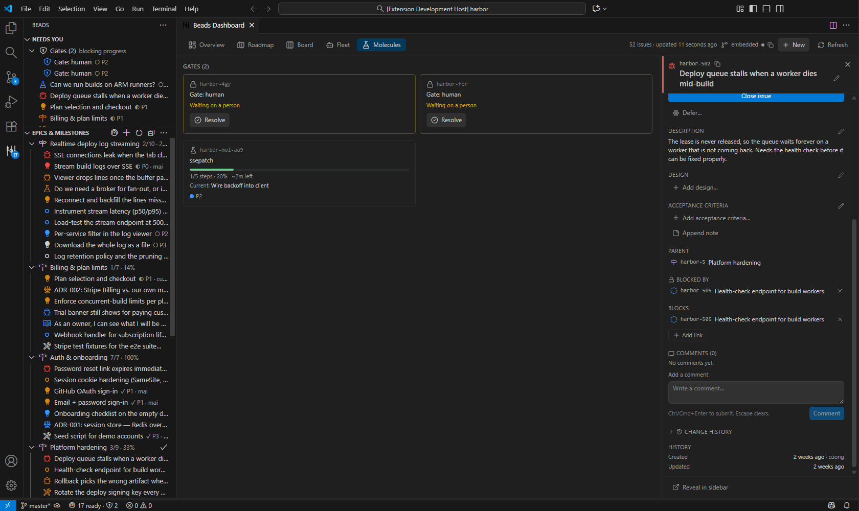 Molecules tab: a Gates (2) section listing two open human gates, and a molecule card for "ssepatch" showing 1/5 steps done (20%), an ETA, and its current step "Wire backoff into client"