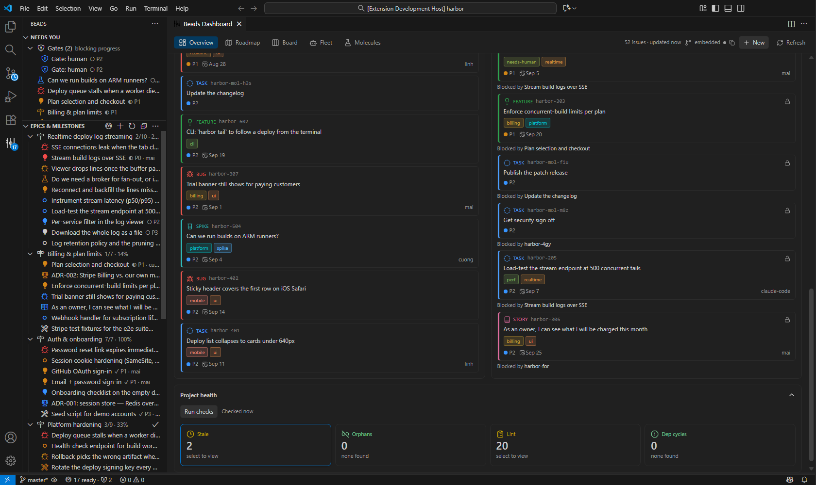 Overview tab with the header's sync-status chip showing embedded mode after a manual refresh, and the Project health drawer expanded after Run checks showing Stale 2, Orphans 0, Lint 20 and Dep cycles 0
