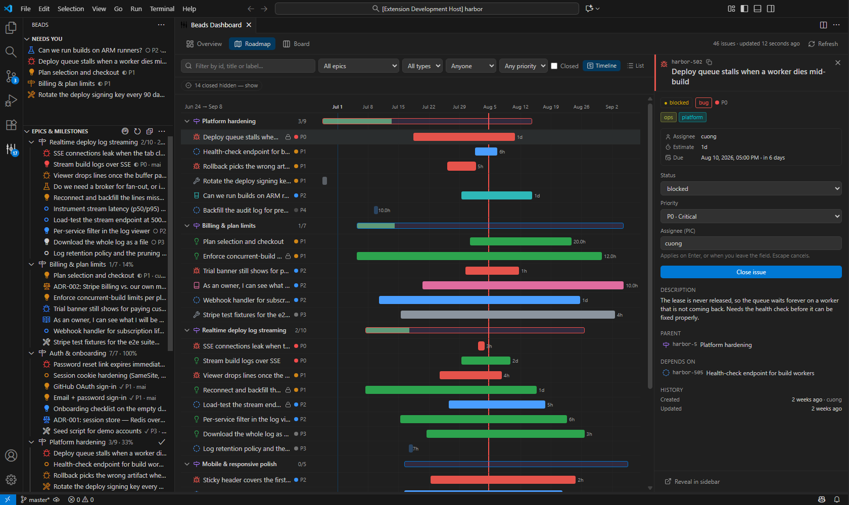 Detail pane for a feature showing status and priority selects, an assignee field that applies on Enter, estimate, due date, parent epic and dependencies