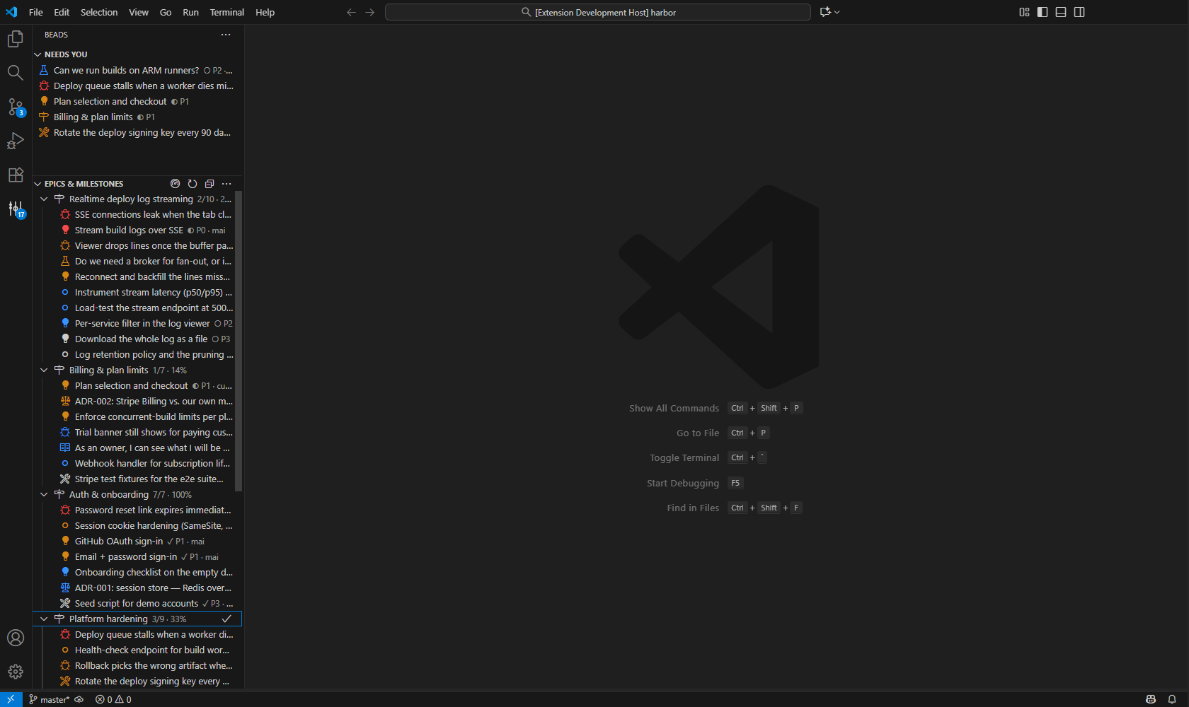Sidebar with a Needs You section listing five issues assigned to you, then Epics & Milestones expanded to show child tasks with type icons and priorities