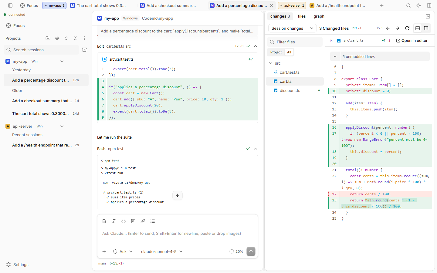 claude-code-ui: projects and sessions on the left, a session in the middle, the changes panel on the right